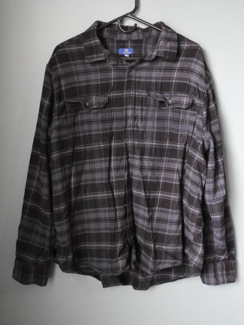 George 2XL Button Down Black & Gray Plaid Flannel Shirt